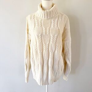 Vtg Women 90s Cable Knit Fisherman Turtleneck Sweater Medium Oversized Classic